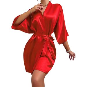 Nivard Satijnen Badjas Dames - Kimono - Kamerjas - Satijn - Ochtendjas - Pyjama - Rood - Maat XL