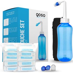 QOSO Neusdouche Met 2X Neusspray | 80 Zakjes Nasaal Spoelzout | 4 Opzetstukken | 300 ML Neusdouche Volwassenen | Neusspoeler | Neusreiniger Met Reistasje| Neusspray