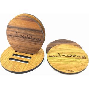 Skyline Onderzetters Terschelling - Eiken en noten hout - 4 stuk(s) + houder - Ø 9 cm Rond - Cadeau - Woon decoratie - Woonkamer - WoodWideCities
