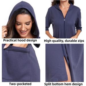 Badjas wafel piqué dames, lichtgewicht, middelgrote badjas vrouwen, zeer absorberende badjas dames met ritssluiting met zachte capuchon en zakken