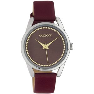 OOZOO Timepieces - Zilverkleurige horloge met bordeaux rode leren band - JR310