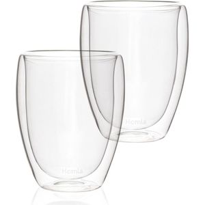 HOMLA Cembra dubbelwandig glas zonder handvat - set van 2 mokken - voor koffie thee latte macchiato cappuccino - vaatwasmachinebestendig hoogte 11 cm hoog 0,35 l inhoud