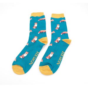 Mr Heron heren sokken met vossen - teal - vossenprint - bamboe sokken - dierenprint - leuke sokken