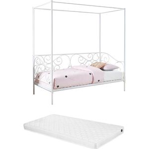 Hemelbed VIVIAN - 90 x 200 cm - Metaal - Wit + Matras L 207 cm x H 209.5 cm x D 96 cm