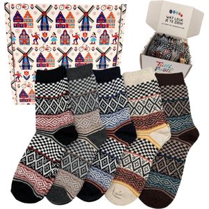 Tutti Footi - Vintage Sokken set - 5 paar Warme winter sokken met Noorse designs - Blokjes/Ruitjes/Kleuren - Maat 36/40