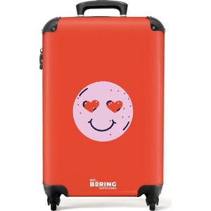 NoBoringSuitcases.com® - Handbagage koffer lichtgewicht - Reiskoffer trolley - Rood met roze verliefde smiley - Rolkoffer met wieltjes - Past binnen 55x40x20 en 55x35x25