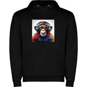 Zwarte unisex hoodie met “ Kleurrijke Chimpansee met Bril en Koptelefoon“ Print Full merk Roly maat 3XL