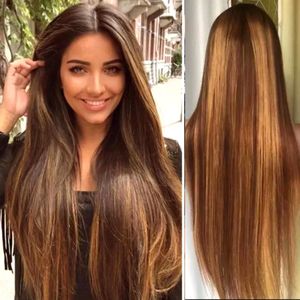 Frazimashop- Braziliaanse Remy dames pruik # 28 inch 70cm # kleur 4/27 Highlight - 100 %Straight human hair 13x4 lace frontaal wigs