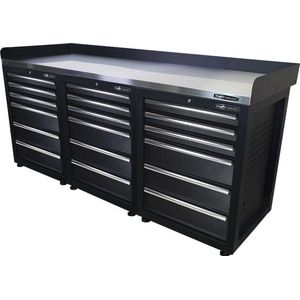 Kraftmeister werkbank 200 cm - Werktafel met 18 lades en RVS werkblad - Zwart