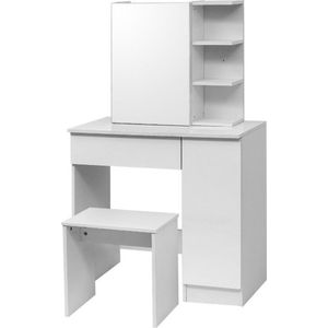 Kaptafel met spiegelkast & kruk - ruime make-up tafel - stevig houten design - stijlvol & praktisch - elegant wit - 80x50x75 cm