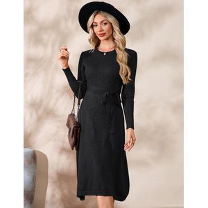 Dames Gebreide Jurk Winter Lange Mouw Trui Jurk Feestelijke Elegante Wikkeljurk Knielange Winterjurk Met Riem Zwart XXL