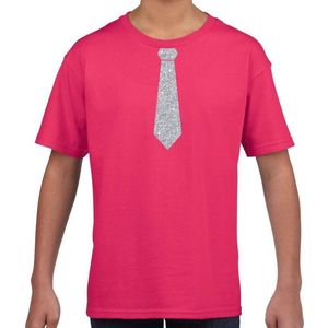 Roze fun t-shirt met stropdas in glitter zilver kinderen - feest shirt voor kids 146/152