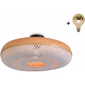 Plafondlamp - PALAWAN - Naturel/Wit Bamboe - Large - Incl. spiegel LED-lamp