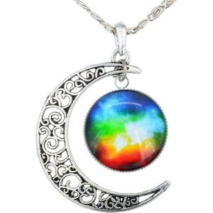 Fako Bijoux® - Ketting - Cabochon - Maan - Blauw/Groen/Rood