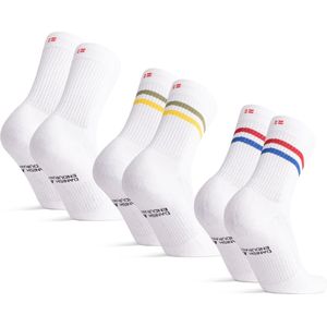 DANISH ENDURANCE Retro Kuitlengte Sokken, Gestreepte Sportsokken, Gym Sokken, voor Dames & Heren, 3 Paar, Wit Retro (Strepen in 1x Rood/Blauw, 1x Wit, 1x Groen/Geel), 35-38