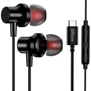 DrPhone Hi14 USB C In-Ear Oordoppen met ingebouwde DAC - 16 bit - Dynamische BASS - Oortelefoon met microfoon- Zwart