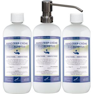 Handzeep Crème Eucalyptus 1 liter - set van 3 stuks - met gratis RVS zilverkleurige pomp - Voordeelverpakking