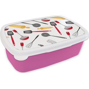 Broodtrommel Roze - Lunchbox - Brooddoos - Patronen - Keukengerei - Spatel - Deegroller - 18x12x6 cm - Kinderen - Meisje