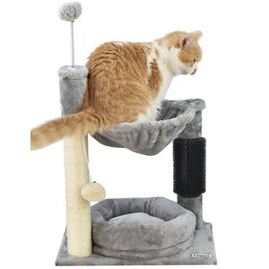 MaxxPet Krabpaal - Kattenspeeltuig - Krabton - Kattenkrabpaal 2 verdiepingen - Kussen + Hangmat met extra speeltjes - 40x30x64cm - Grijs
