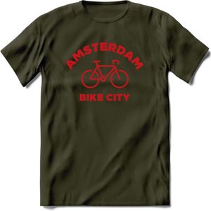 Amsterdam Bike City T-Shirt | Souvenirs Holland Kleding | Dames / Heren / Unisex Koningsdag shirt | Grappig Nederland Fiets Land Cadeau | - Leger Groen - XXL