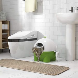 Katzenklo, kattentoilet met deksel, schop, toilet voor katten tot 4 kg, voor binnen, plastic, groen+wit, 53 x 51 x 48 cm