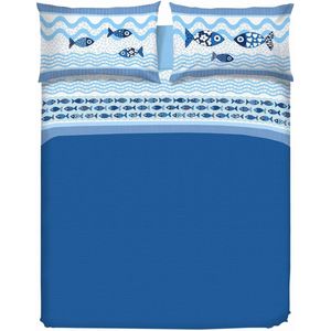 Beddengoedset voor echtbed, 100% katoen, beddengoed voor tweepersoonsbed 180 x 200 cm, inclusief onderlaken, bovenlaken en 2 kussenslopen, blauw Sea Life-patroon