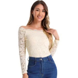 Off-shoulder kanten blouse met lange mouwen en bloemenprint, transparant - maat XS - Elegant en stijlvol.