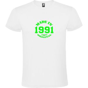 Wit T-Shirt met “Made in 1991 / 100% Original “ Afbeelding Neon Groen Size XS