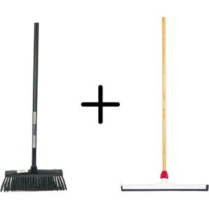 Synx Tools Binnenbezem Zwart + Vloertrekker Kunststof 45cm met Steel 120cm – Zaalveger – Vloerreiniger – Natuurrubber – Zachte bezem met steel 130cm