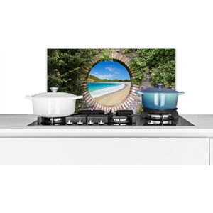 Spatscherm keuken 70x30 cm - Kookplaat achterwand Strand - Zee - Doorkijk - Muurbeschermer - Spatwand fornuis - Hoogwaardig aluminium