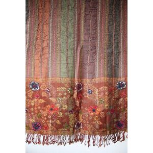 1001musthaves.com Crinkle wollen sjaal in bruin met roestig oranje en groen 70 x 180 cm