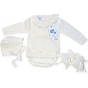Mac Ilusion Baby setje meisjes | 9639 | Lang truitje/ kort jurkje + kort broekje + slofjes/sokjes + mutsje | Crudo / creme | Newborn | maat 50