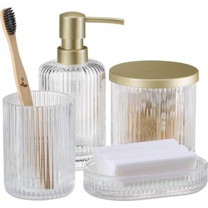 Navaris glazen badkamer accessoires set - Zeepdispenser zeepbakje beker en glazen pot met deksel - 4 delig - Geribbeld glas - Transparant/goudkleurig