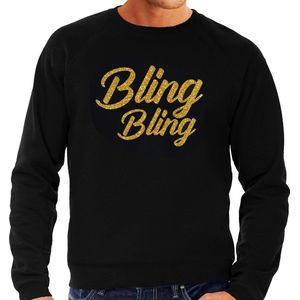 Bling bling sweater zwart met gouden glitter tekst heren - Glitter en Glamour goud party kleding trui XL