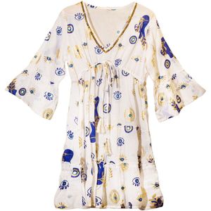(Maat: M-L) Nomad Sari On the Med Collection - Jurk - Wit, blauw en goud met boze oogontwerp