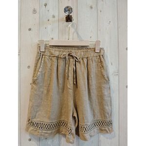 Leuek 100% linnen korte broek - bermuda - met broderie en zijzakken - MODDER BRUIN - maat 40-42