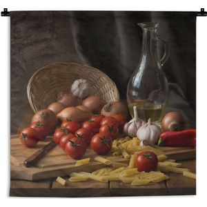 Wandkleed - Wanddoek - Snijplank - Groente - Stilleven - Pasta - Uit - Tomaat - Snijplank - 60x60 cm - Wandtapijt
