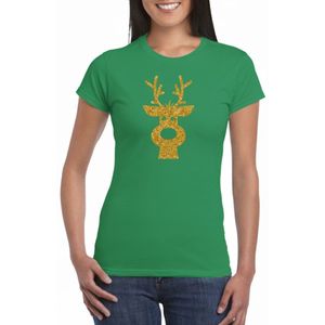 Bellatio Decorations Kerst T-shirt voor dames - rendier - groen - glitter bedrukking - goud - kerst shirt/outfit XS