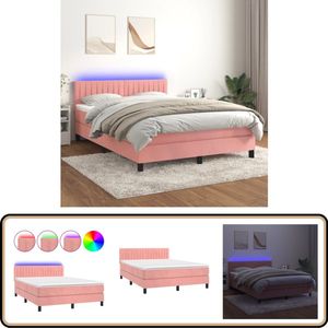 vidaXL Boxspring - Fluweel Roze - 140x190 cm - LED Boxspring - Fluweel Bed - Rozerood Bed - Led Bed - Boxspring Kopen