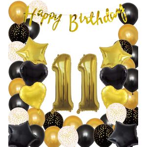 Snoes Ballonnen 11 Jaar Black Gold Dots Mega Ballon - Compleet Feestpakket Goud Zwart Stippen Cijferballon 11 - Verjaardag Versiering DIY Slinger Happy Birthday – Folieballon – Latex Ballonnen - Helium Ballonnen