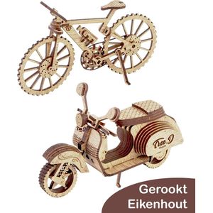 Tree D Puzzle Scooter/Fiets – Gerookt Eikenhouten Motorfiets Modelbouwset - Moto Scooter 3D Puzzels voor Volwassenen en Kinderen - 3D Puzzel Modelbouwsets voor Volwassenen – Hersenkraker