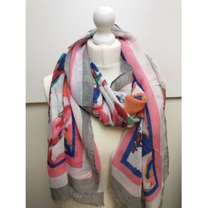 Lange dames sjaal Marina gebloemd motief grijs wit roze blauw groen rood oranje