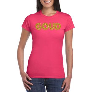 Bellatio Decorations feest t-shirt voor dames goud - glitter tekst - foute party/carnaval - roze L