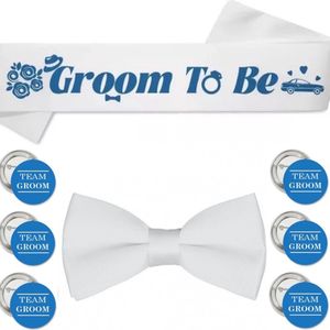 Groom to Be sjerp, dasstrik en buttons wit met blauw 8-delig - vrijgezellenfeest - sjerp - groom to be - team groom - button