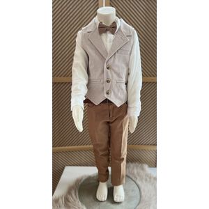 luxe jongens kostuum-kinderpak- kinderkostuum-3 delige set -crème witte hemd, beige vest en camel broek, camel vlinderstrik-bruidsjonkers-bruiloft-feest-verjaardag-communie-fotoshoot - 10 jaar
