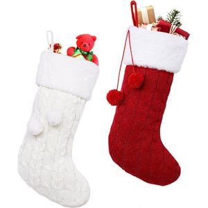 2 stuks - Kerstkousen - Knitted Christmas Stockings - kabelgebreide kerstsokken - niet-geweven stof - rood en wit - met pompon - 40 cm - voor Schoorsteen, Muur en Trapdecoratie - kerstfeestdecoraties