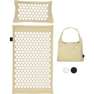 LifeGoods Acupressuur Mat Eco - 72x43x2cm - Spijkermat met Kussen - Accupunctuur mat - Spijkerbed Incl. 2x Triggerpoint Bal en Draagtas - Beige/Wit