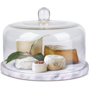 Marmeren taartbord met glazen stolp, multifunctioneel taartbord, serveerbord, snijplank, kaasplank met kaasstolpset voor bakkers, bakkerij, koekjes, gebak, 22 cm