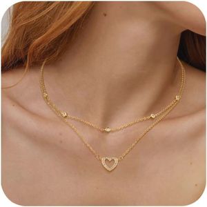 Gouden kettingen voor dames met hartvormige zirkonia hanger - 14-karaats vergulde sterlingzilveren kettingen - Dubbellaagse stapelbare Boho sieraden