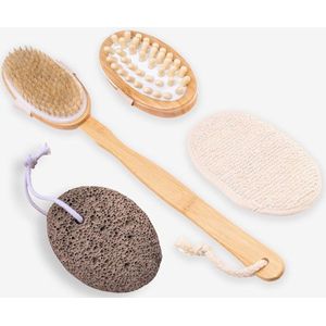 Lichaamsborstel Set voor Massage & Huidverbetering - Lichaamsborstel met Steel - Rugborstel - Badborstel - Dry Brush - Dry Brushing - Droogborstel - Huidborstel - Rug Scrubber - Scrubborstel - Inc Luchtspons en Puimsteen - 5-Delige - Bruin